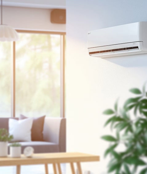 Climatiseur mural Daikin 24000 BTU soufflant de l'air dans un salon moderne et lumineux avec canapé, table et plantes.