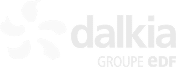 Logo Dalkia blanc sur fond noir, composé d'un motif floral ou d'énergies et du texte "dalkia GROUPE EDF".
