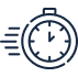 Icône stylisée d'un chronomètre ou d'une horloge avec des lignes de mouvement, symbolisant la vitesse, l'urgence et l'efficacité temporelle.