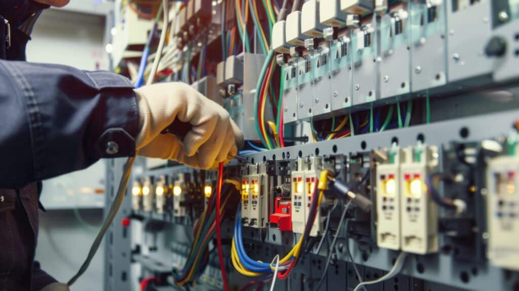 Main gantée d'un technicien connectant un fil rouge dans un tableau électrique. Nombreux câbles colorés et voyants lumineux.