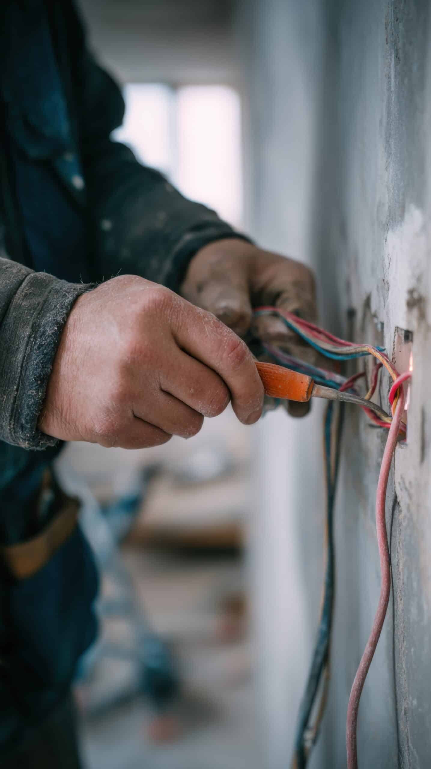 Mains d'électricien manipulant des fils électriques colorés dans un mur. Il tient un outil, ses mains sont poussiéreuses.