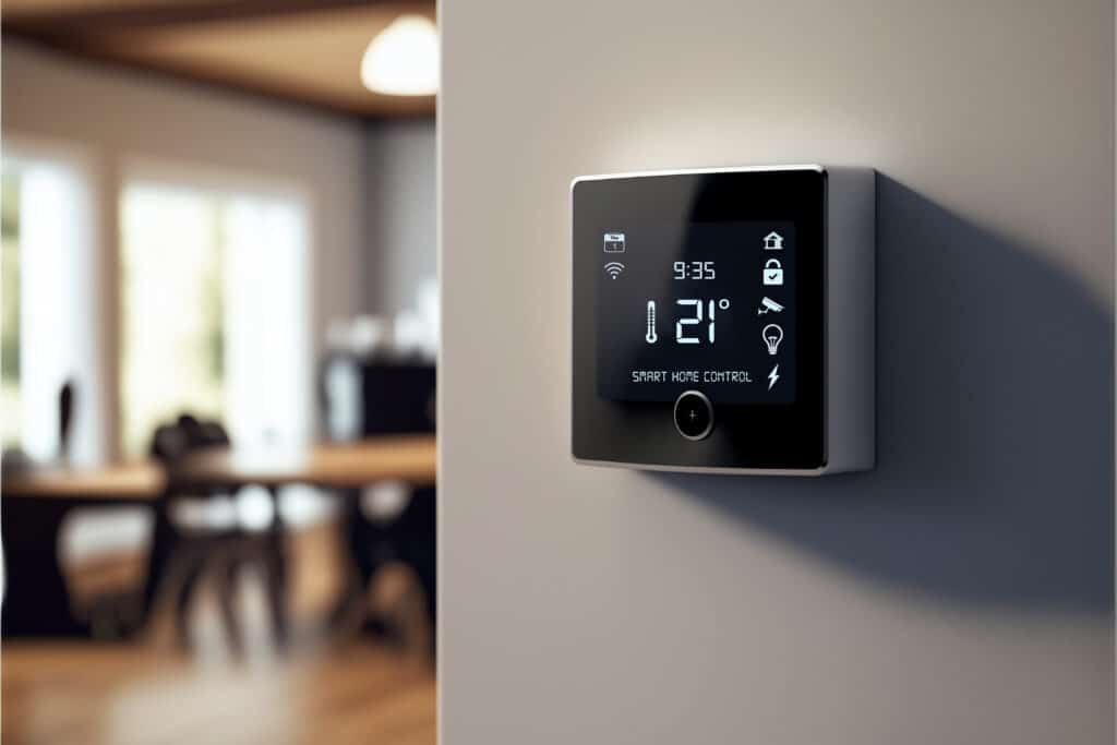 Panneau de contrôle mural intelligent affichant 21°, 9h35 et « SMART HOME CONTROL ». Design moderne, pièce floue en arrière-plan.