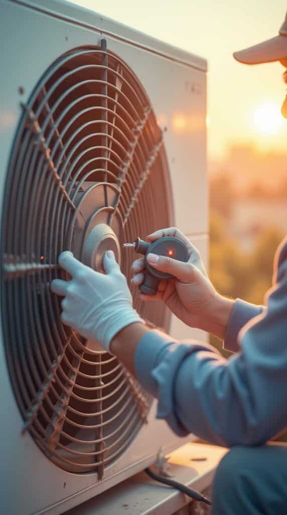 Un technicien en gants blancs inspecte une unité extérieure de climatisation avec un outil lumineux au coucher du soleil.